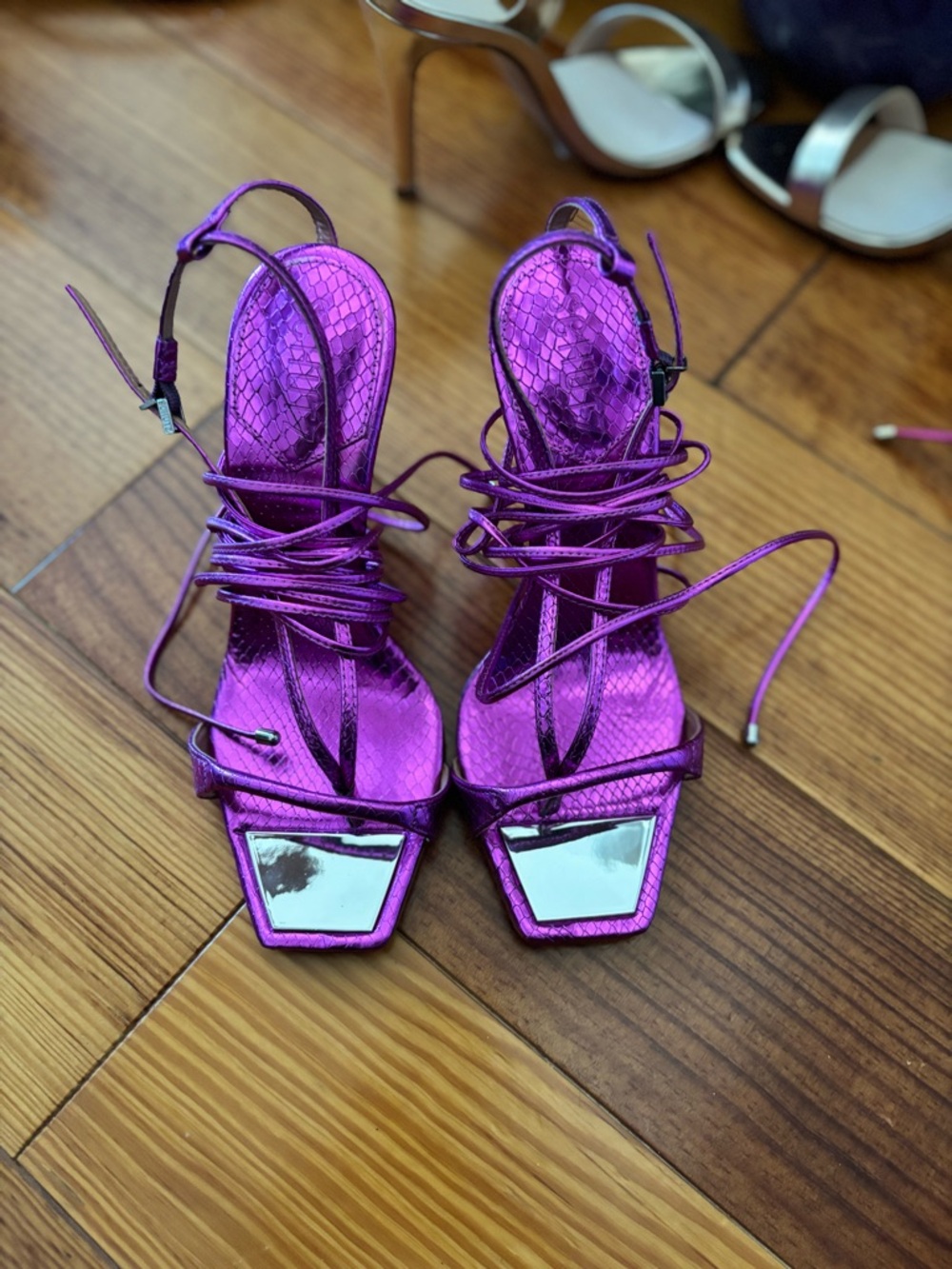 NWOB SCHUTZ Metallic Purple Lace-Up Stiletto Sandal - Picture 5 of 7